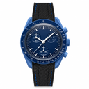 Sport chronograph wristwatch with blue case, blue dial, black strap with blue stitching