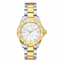 Two-tone silver and gold metal watch with white mother-of-pearl dial and date window