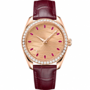 Women's 38mm rose gold tone dress watch with gemstone markers and burgundy leather strap