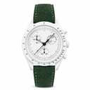 Chronograph watch with white dial and dark green suede strap