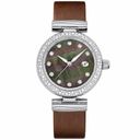 Women's dress watch with silver case, dark dial, and brown leather strap