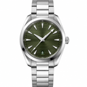 38mm watch with green dial and silver metal bracelet on white background